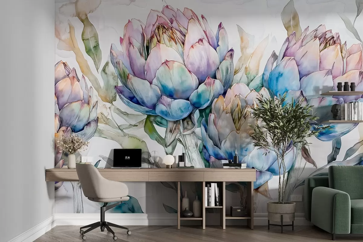 murales de pared Alcachofas dibujo, estilo acuarela, floral, púrpura, beige, verde w02484