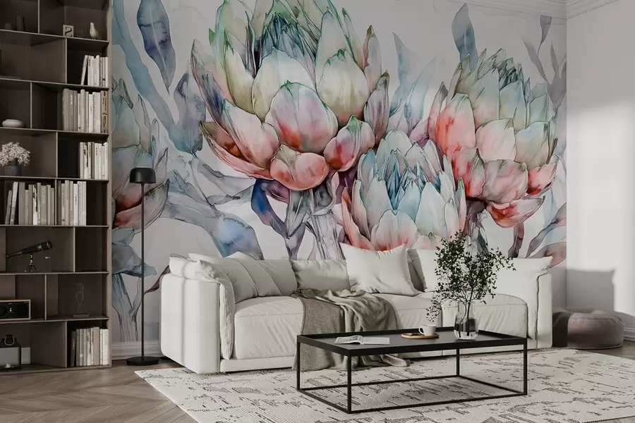 Murales de pared Alcachofas dibujo, estilo acuarela, floral, rojo, morado, verde w02484v1 murales de pared Alcachofas dibujo, estilo acuarela, floral, rojo, morado, verde w02484v1