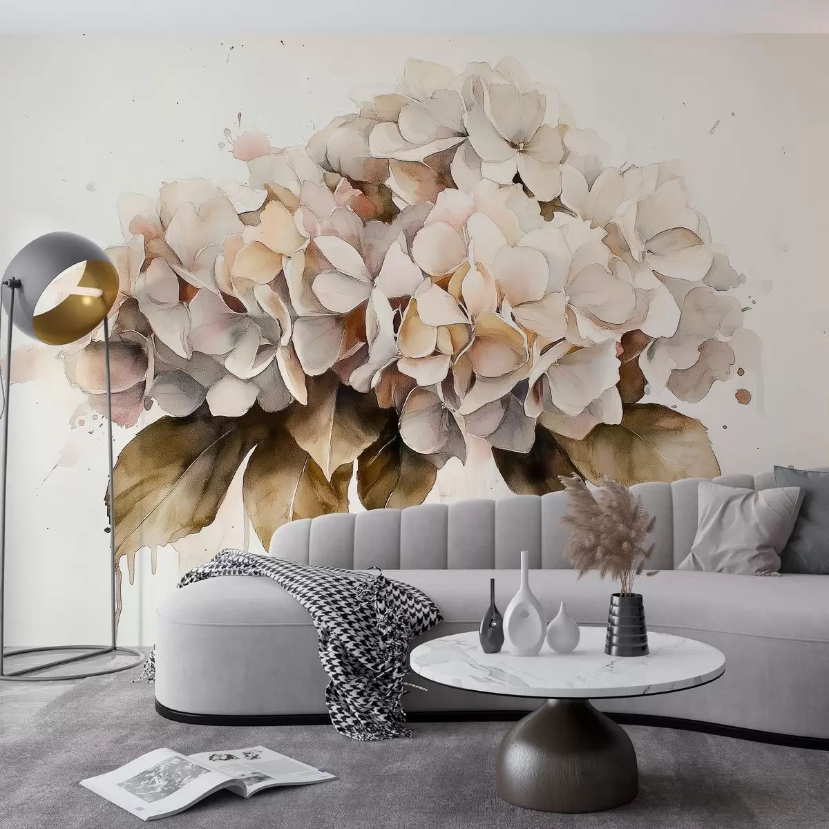 Murales de pared Dibujo estilo acuarela de flor de hortensia, colores beige w02485 murales de pared Dibujo estilo acuarela de flor de hortensia, colores beige w02485