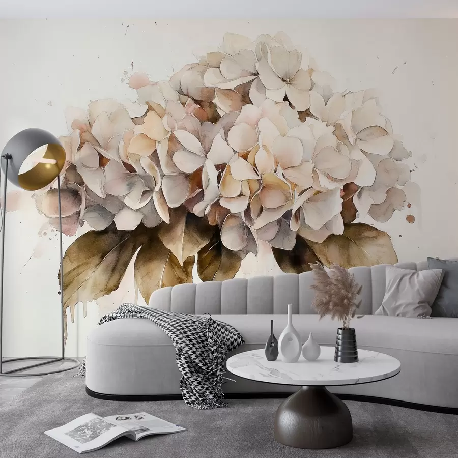 Murales de pared Dibujo estilo acuarela de flor de hortensia, colores beige w02485 murales de pared Dibujo estilo acuarela de flor de hortensia, colores beige w02485
