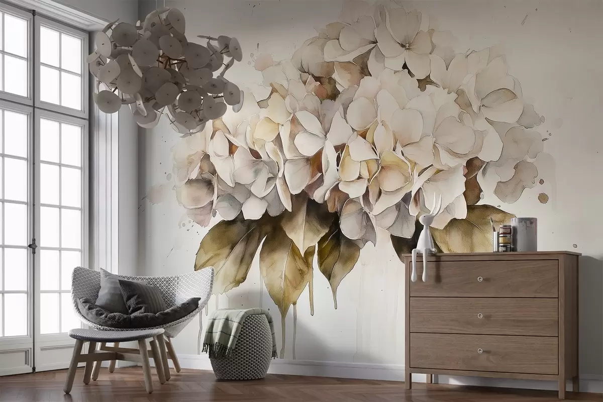 murales de pared Dibujo estilo acuarela de flor de hortensia, colores beige w02485