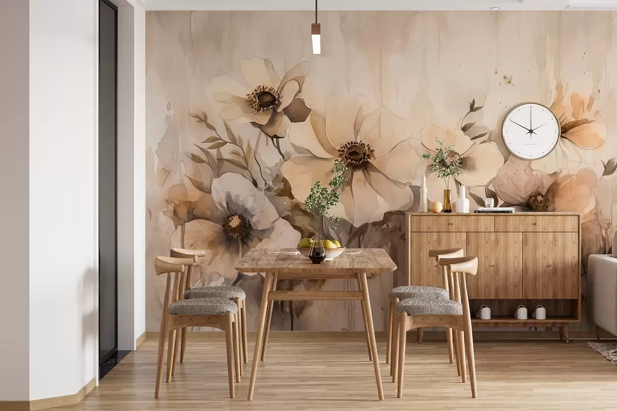 Murales de pared Flores rústicas, dibujo estilo acuarela, colores beige w02487 murales de pared Flores rústicas, dibujo estilo acuarela, colores beige w02487