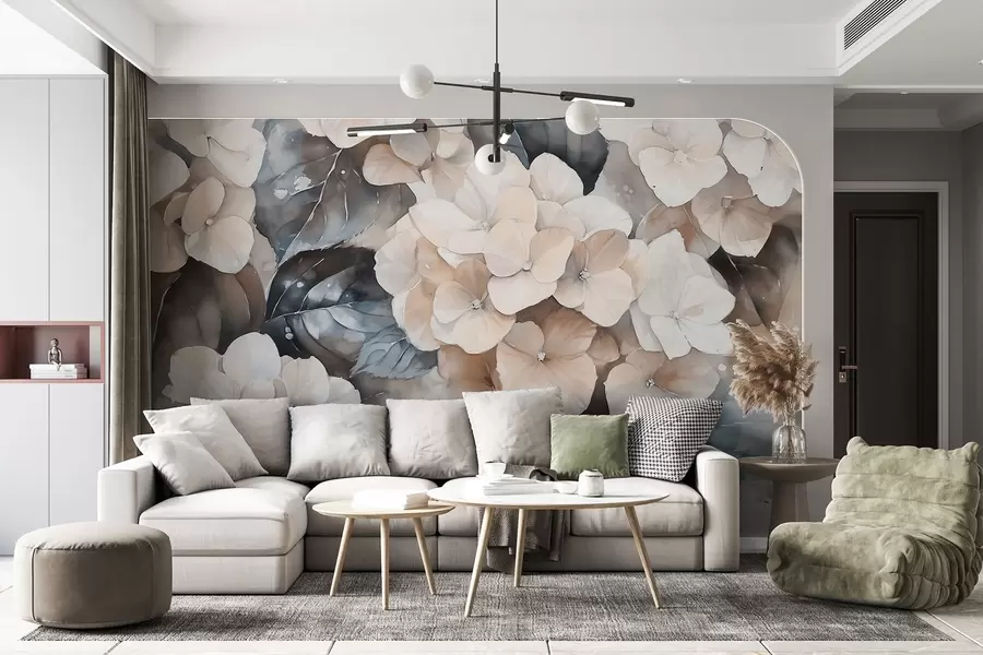 Murales de pared Flores de hortensia, dibujo estilo acuarela, colores beige, floral w02488 murales de pared Flores de hortensia, dibujo estilo acuarela, colores beige, floral w02488