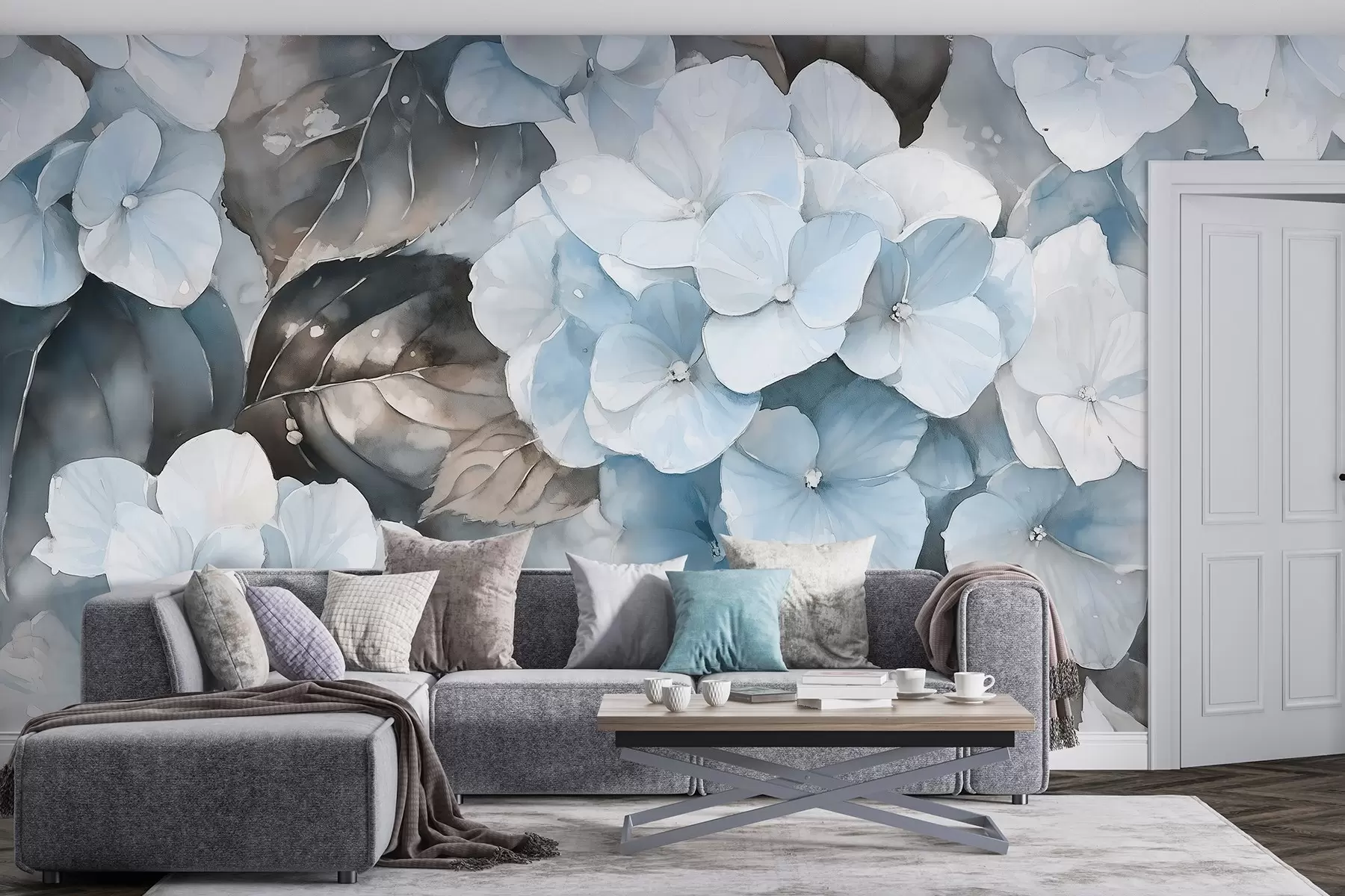 Murales de pared Flores de hortensia, dibujo estilo acuarela, colores azules, floral w02488v1 murales de pared Flores de hortensia, dibujo estilo acuarela, colores azules, floral w02488v1