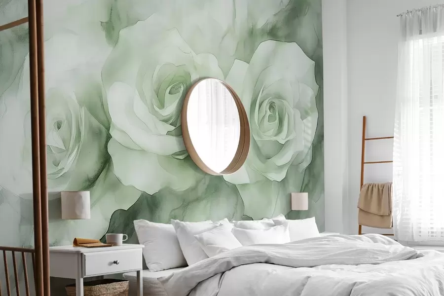murales de pared Hermosas rosas, estilo acuarela, colores verdes, bohemio w02492v2