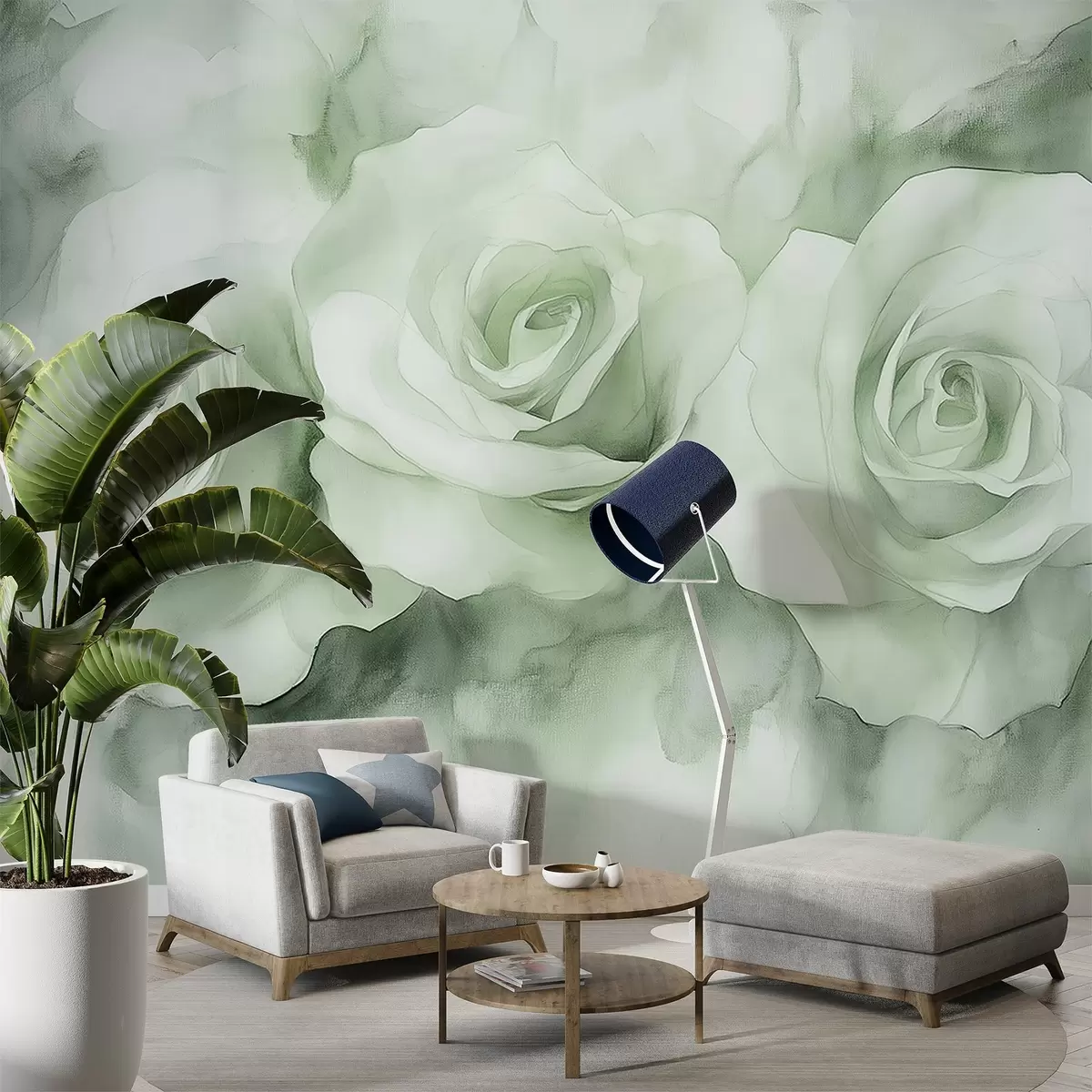 Murales de pared Hermosas rosas, estilo acuarela, colores verdes, bohemio w02492v2 murales de pared Hermosas rosas, estilo acuarela, colores verdes, bohemio w02492v2