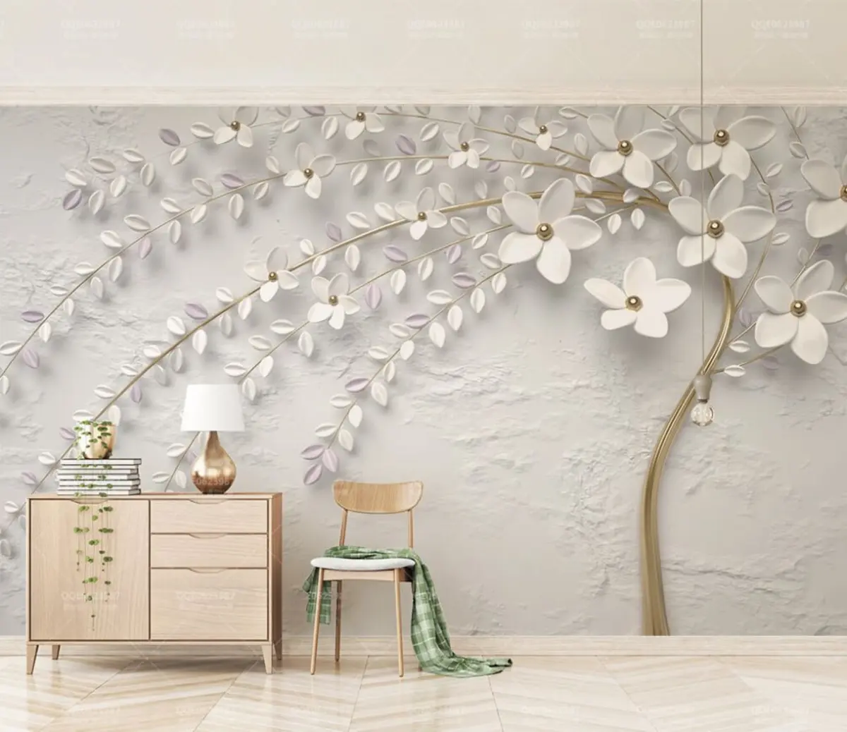 Murales de pared Árbol en flor con ramas colgantes en tonos blanco claro y beige u43124 murales de pared Árbol en flor con ramas colgantes en tonos blanco claro y beige u43124