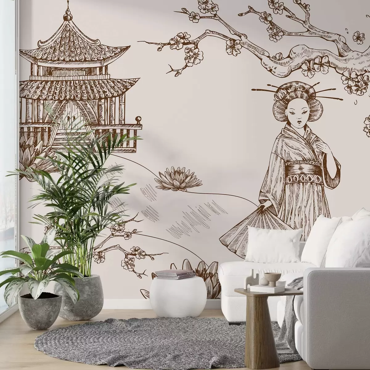 Murales de pared Antigua casa de estilo asiático, chica con ropa tradicional, cerezos en flor w02534 murales de pared Antigua casa de estilo asiático, chica con ropa tradicional, cerezos en flor w02534