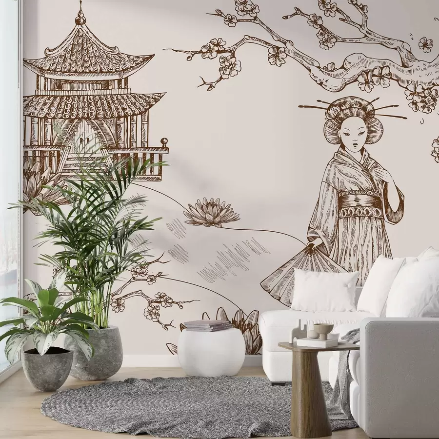 Murales de pared Antigua casa de estilo asiático, chica con ropa tradicional, cerezos en flor w02534 murales de pared Antigua casa de estilo asiático, chica con ropa tradicional, cerezos en flor w02534