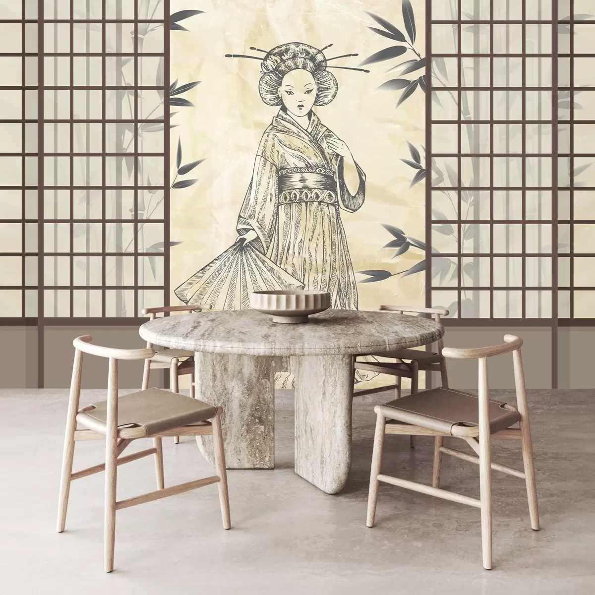 Murales de pared Antigua casa de estilo asiático, chica con ropa tradicional, cerezos en flor, flores de cerezo, Shoji w02535 murales de pared Antigua casa de estilo asiático, chica con ropa tradicional, cerezos en flor, flores de cerezo, Shoji w02535