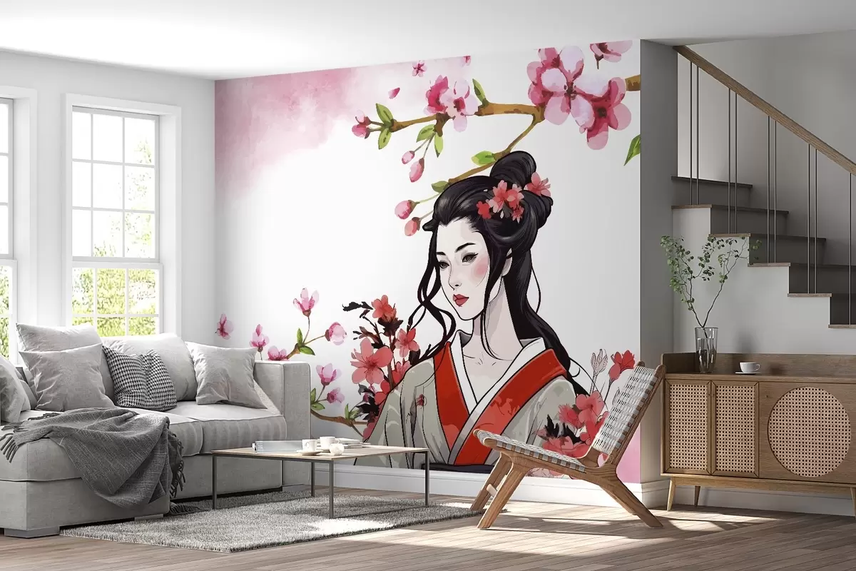 murales de pared Chica con ropa tradicional y cerezos en flor w02537