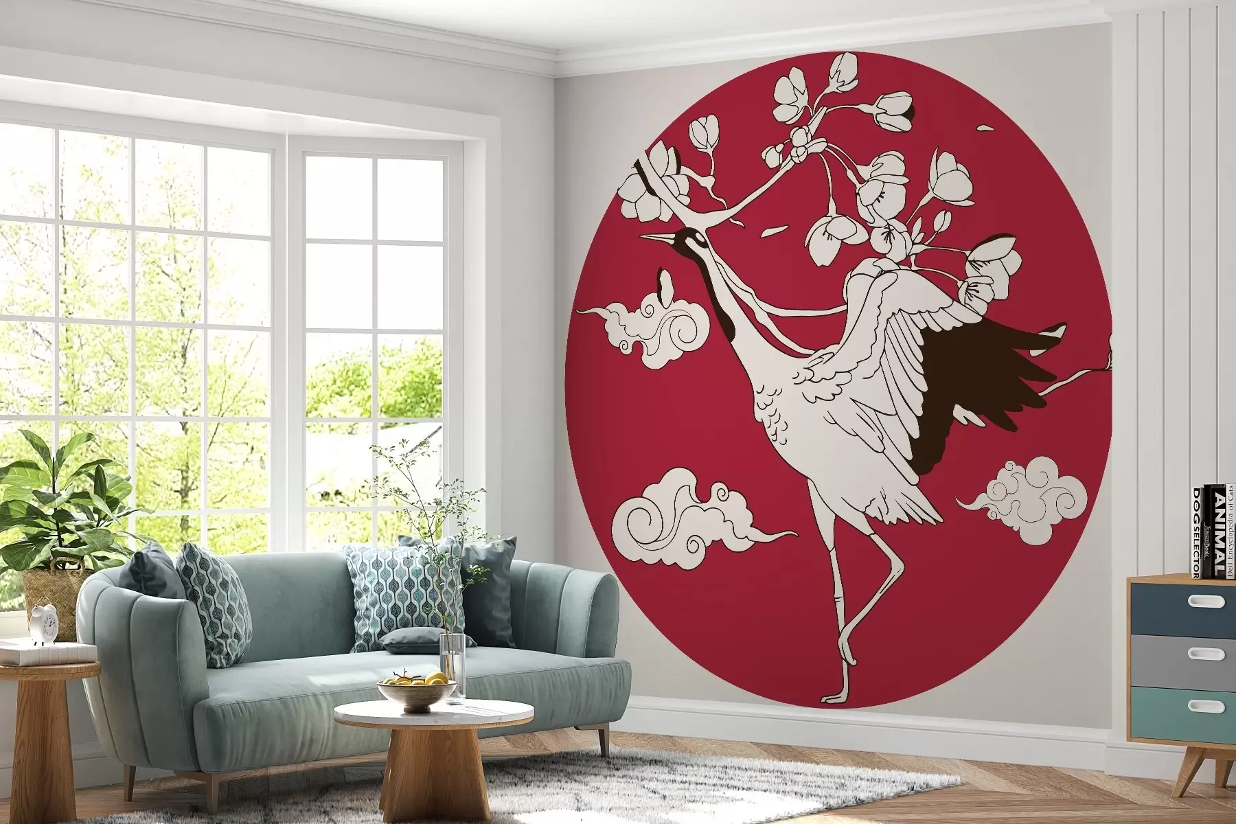 murales de pared Dibujo en círculo, flores, nubes en estilo japonés, grulla, parte roja w02538v1