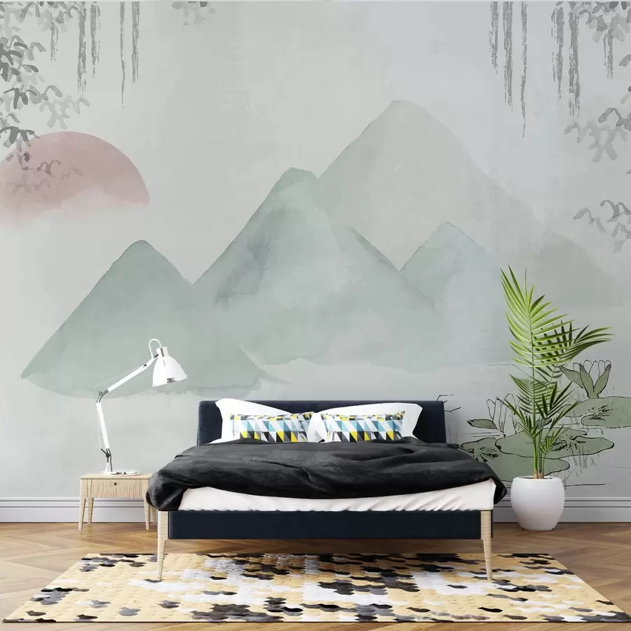 murales de pared Amanecer, montañas y nenúfar w02539