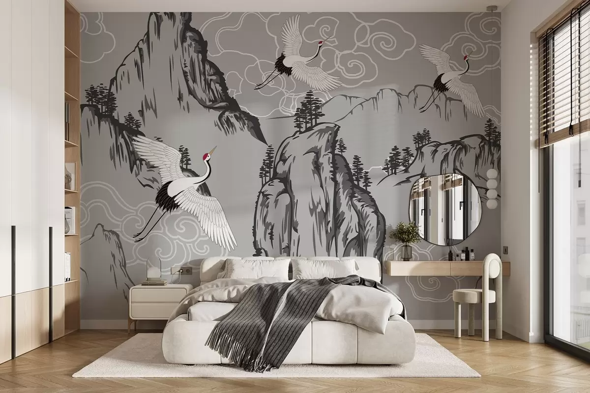 murales de pared Montañas y grullas de estilo japonés, en tonos grises w02544v1