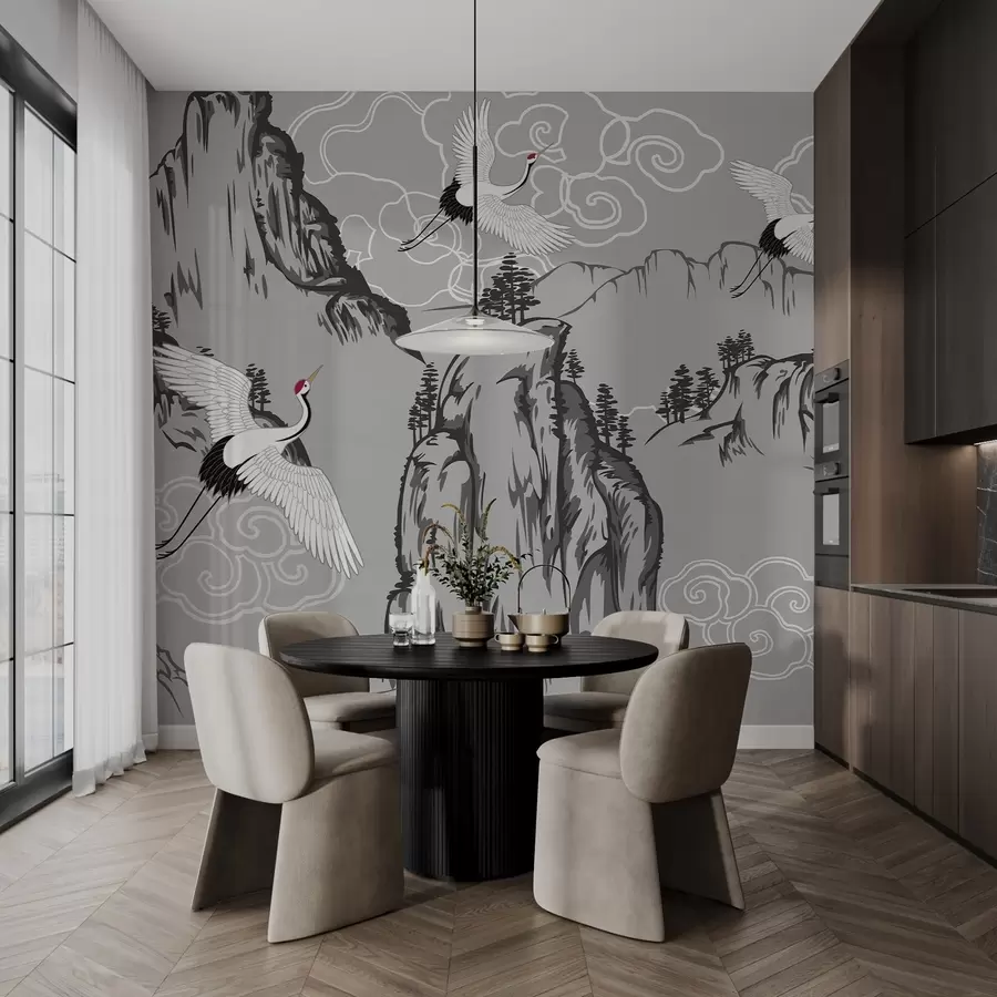 Murales de pared Montañas y grullas de estilo japonés, en tonos grises w02544v1 murales de pared Montañas y grullas de estilo japonés, en tonos grises w02544v1