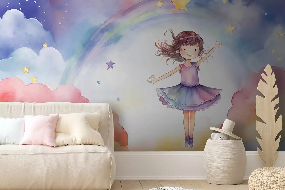 murales de pared Linda chica en las nubes w08504