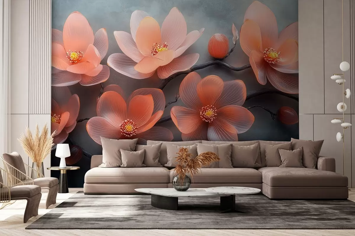 Murales de pared Un ramo de flores de magnolia de cristal translúcido sobre un fondo de hormigón gris w08497 murales de pared Un ramo de flores de magnolia de cristal translúcido sobre un fondo de hormigón gris w08497