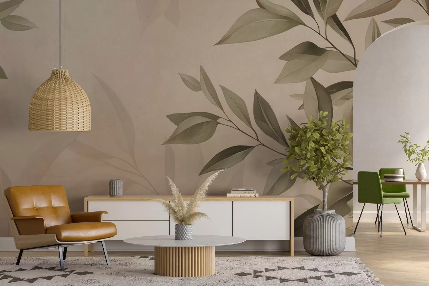 murales de pared Hojas verde oliva con un fondo beige cálido y suave w08499