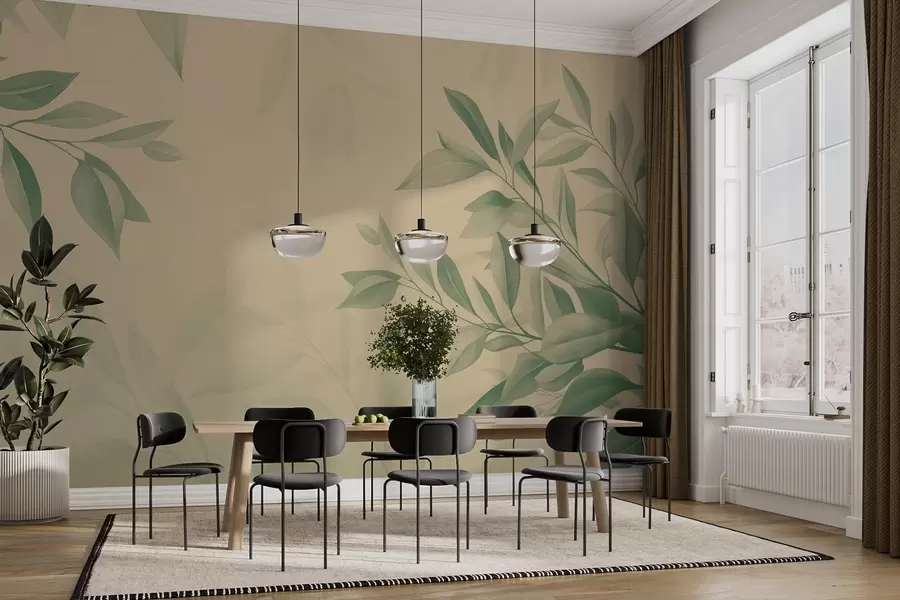 Murales de pared Hojas verdes con un suave fondo beige cálido w08499v2 murales de pared Hojas verdes con un suave fondo beige cálido w08499v2
