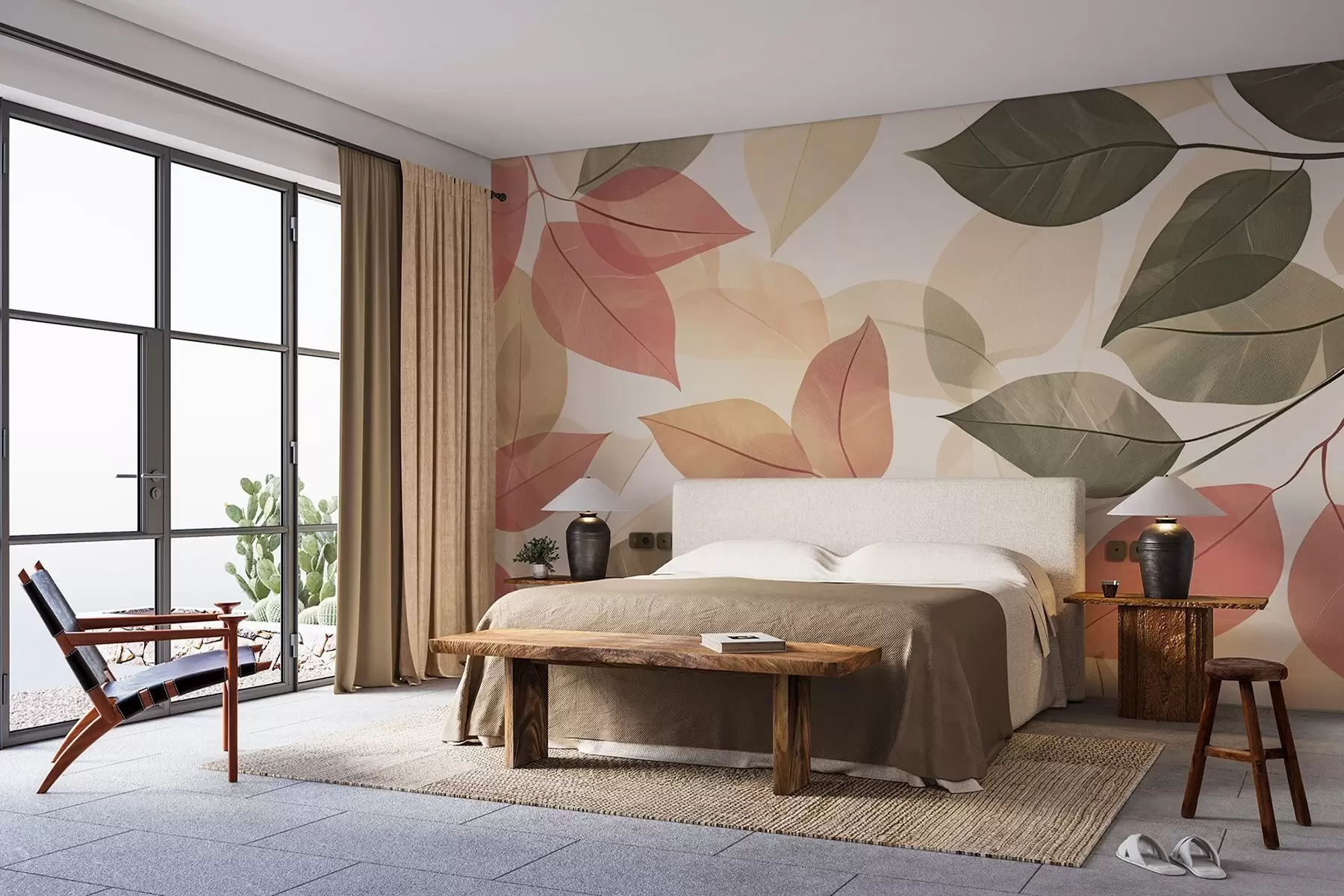 murales de pared Ramas de hojas en tonos rojos y verdes w08502