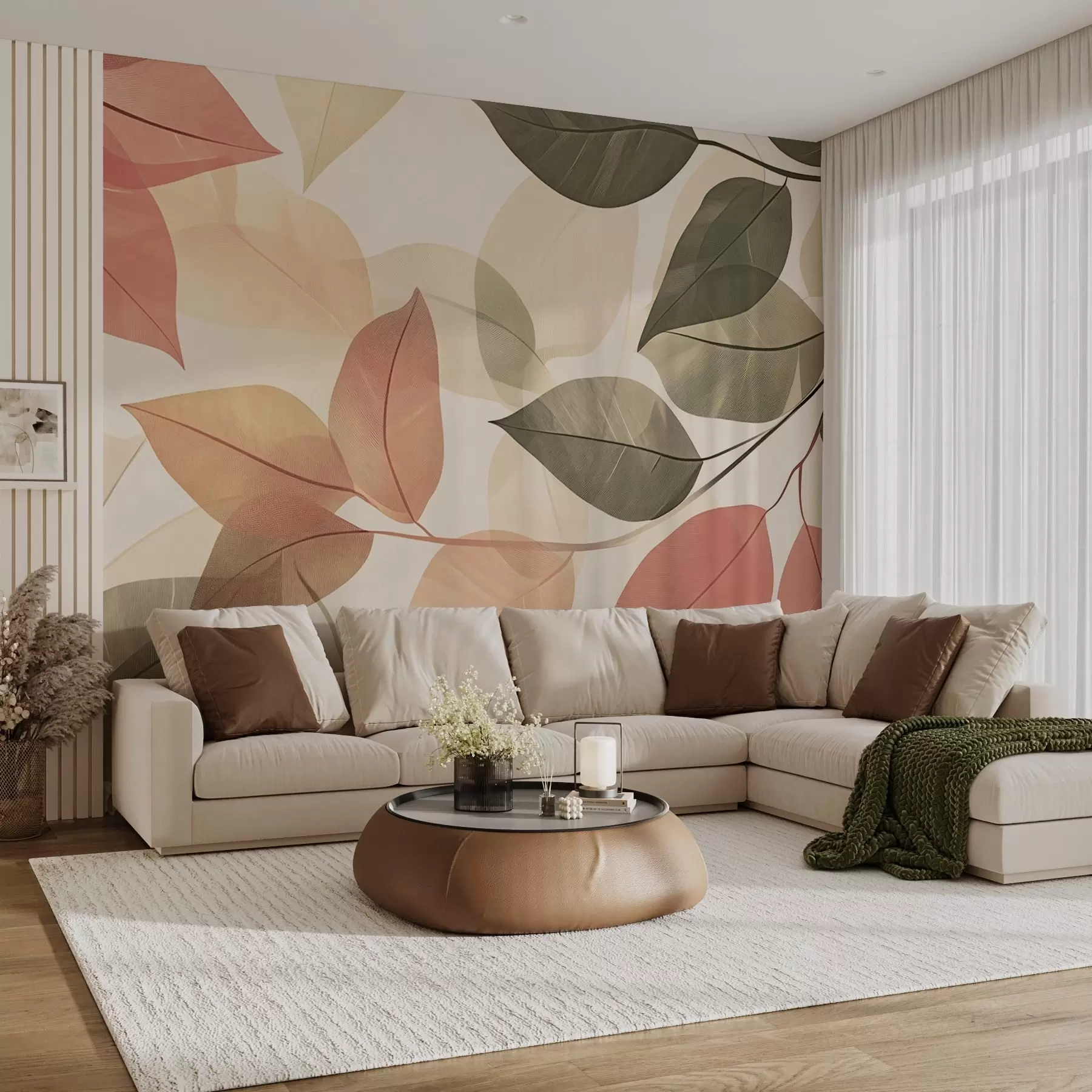 murales de pared Ramas de hojas en tonos rojos y verdes w08502