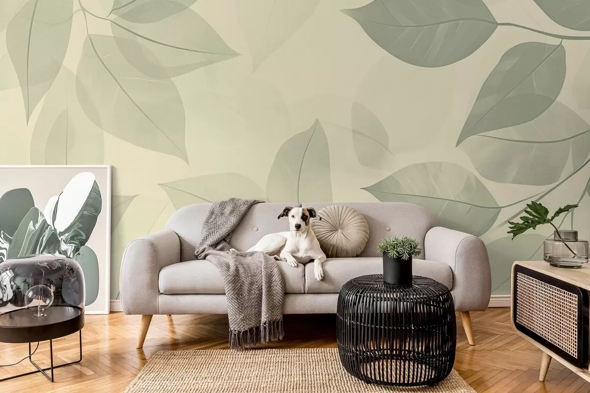 Murales de pared Ramas de hojas verdes sobre fondo beige suave w08502v2 murales de pared Ramas de hojas verdes sobre fondo beige suave w08502v2