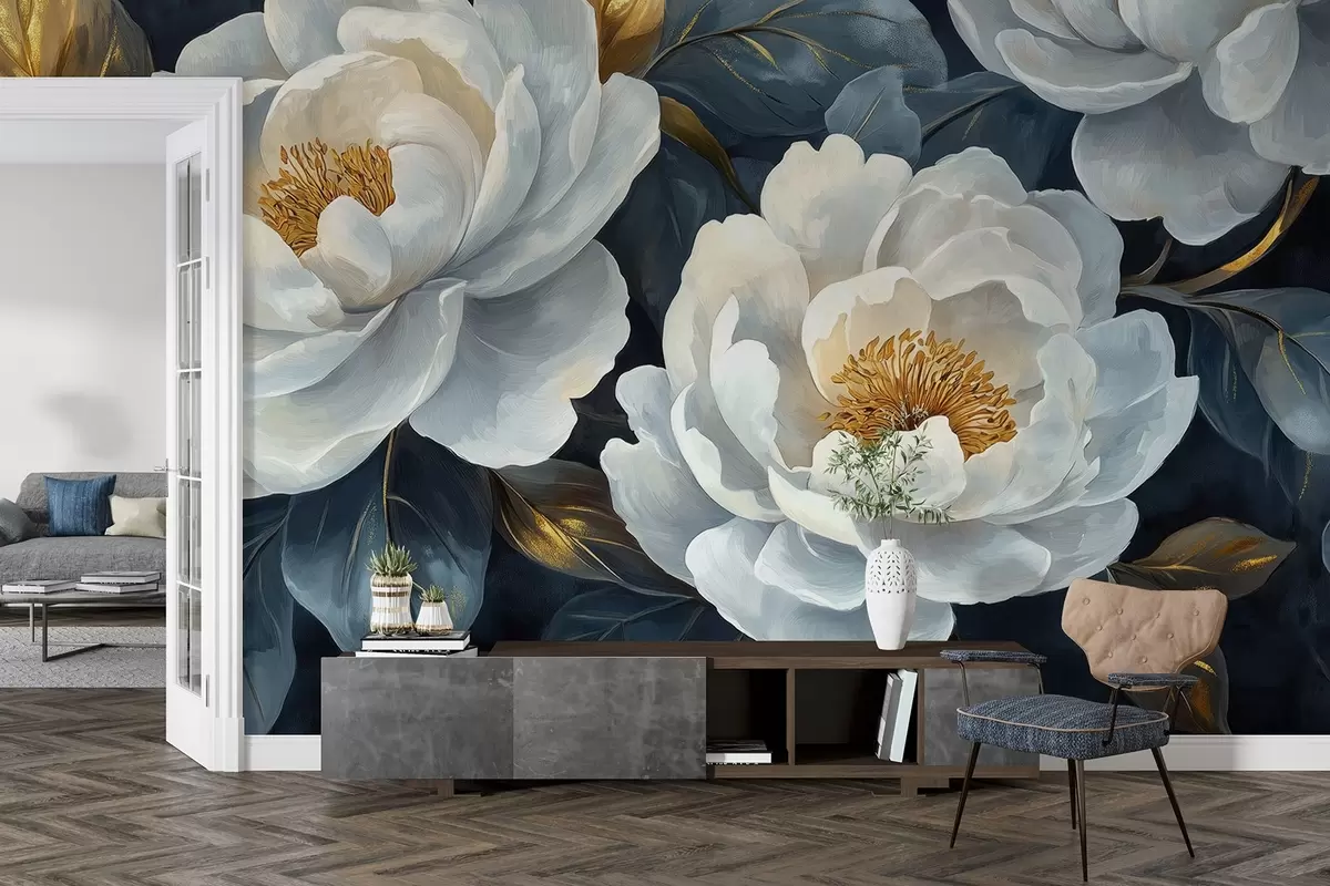 murales de pared Exuberantes peonías blancas sobre fondo azul en estilo pictórico w02315
