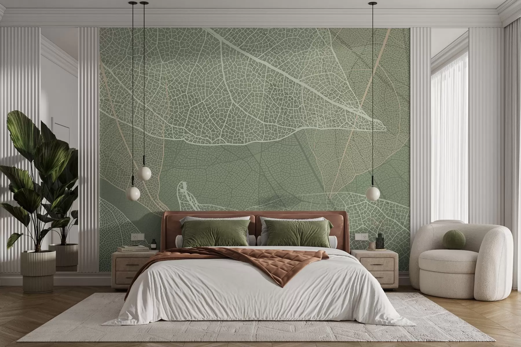 murales de pared primer plano de hojas con venas en tonos verde claro w02520