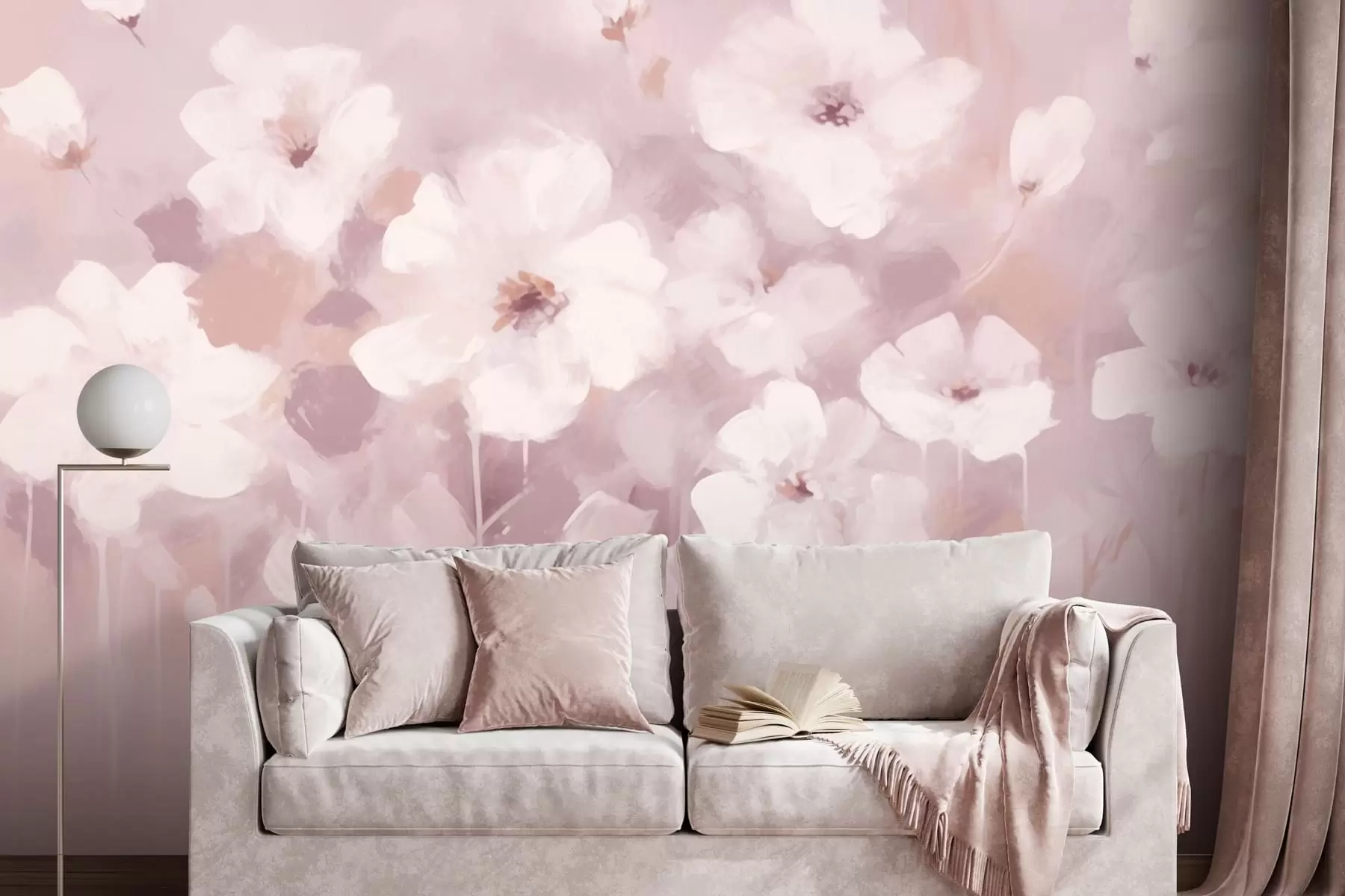 murales de pared Delicadas flores blancas de color rosa w08542v1