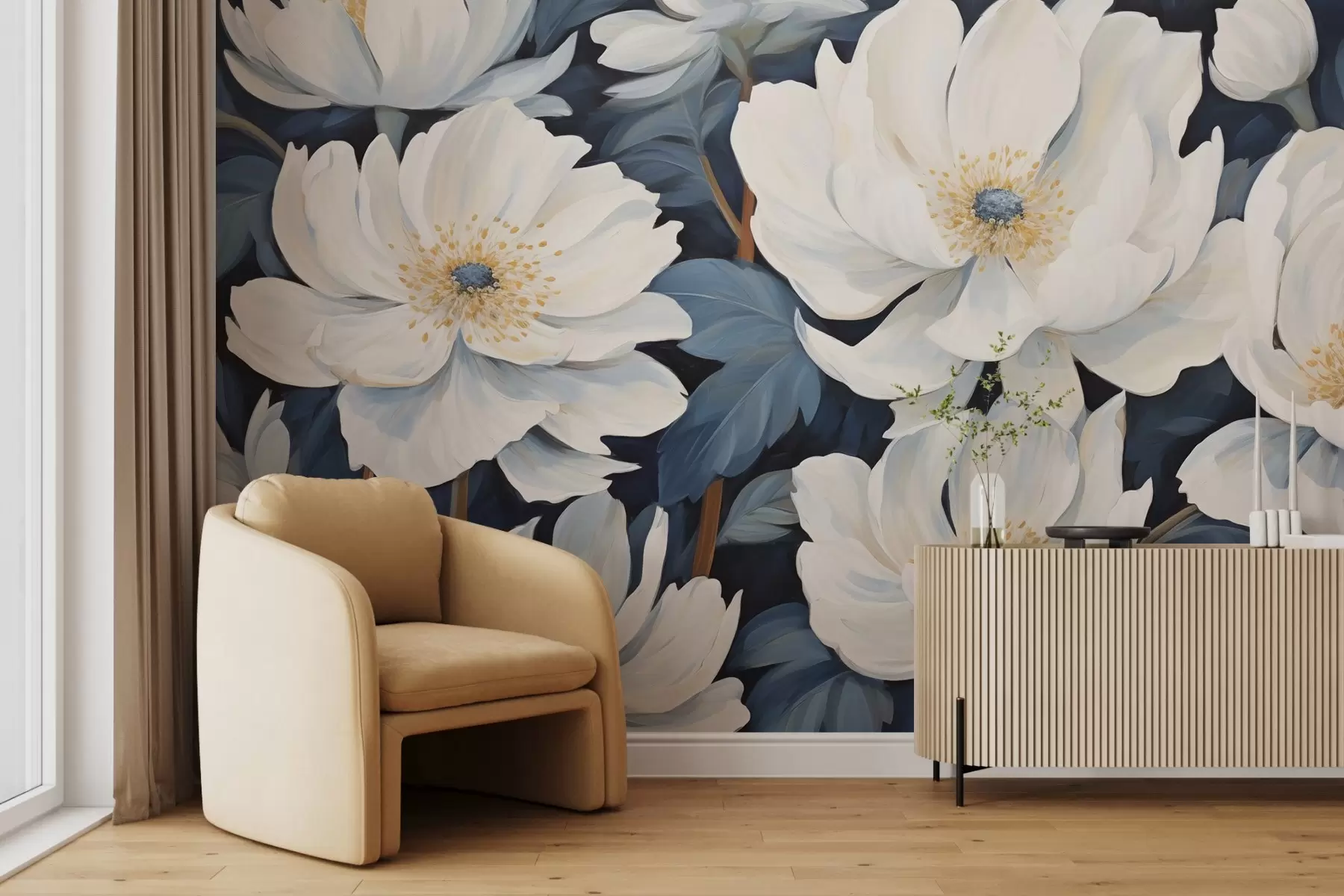 murales de pared Flores blancas sobre azul w02582