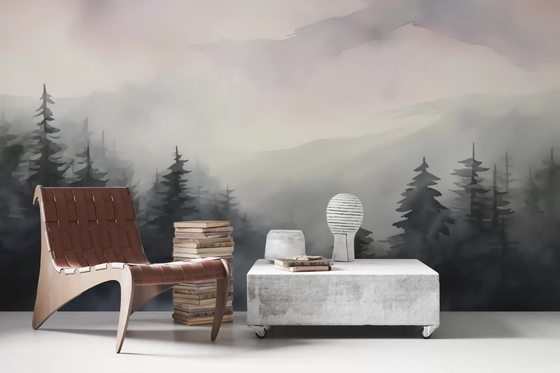 murales de pared Siluetas de abetos en el bosque imitación de acuarela w02585