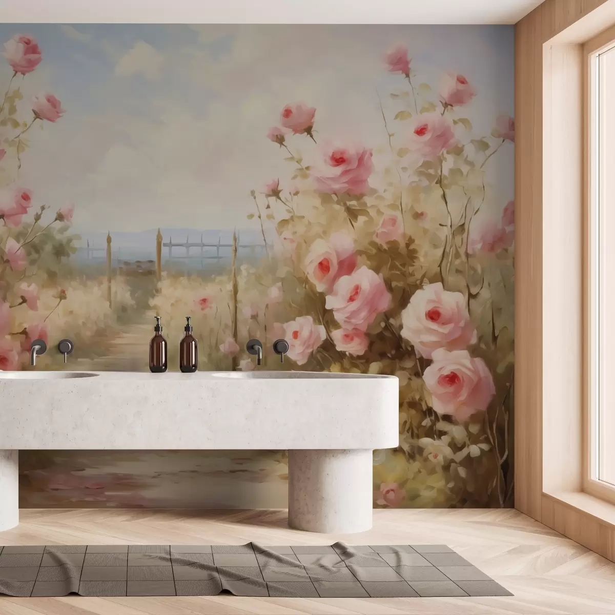 murales de pared Jardín con rosas imitación de trazos de pintura w02590