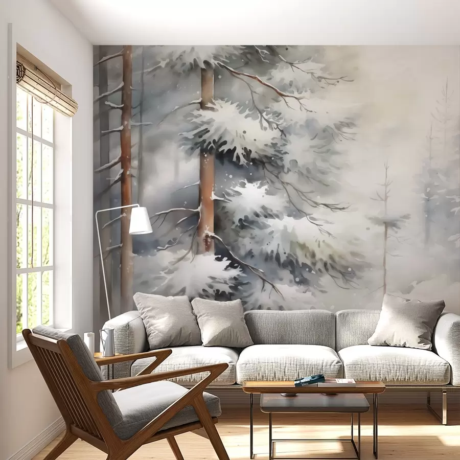 Murales de pared Bosque nevado imitación acuarela w02591 murales de pared Bosque nevado imitación acuarela w02591
