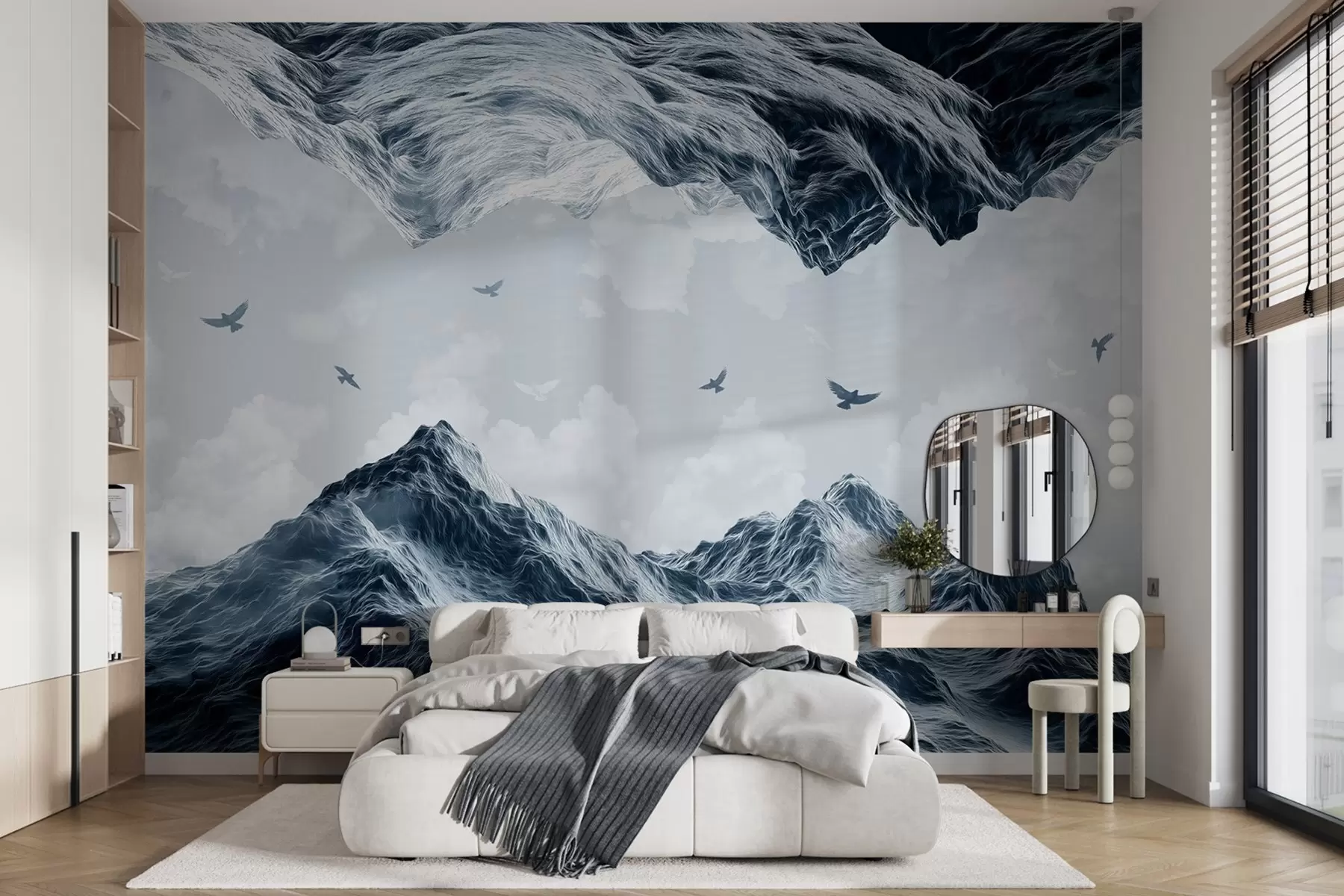 murales de pared Paisaje de montaña, realismo, pájaros volando, naturaleza, nubes, colores azules w02514v1