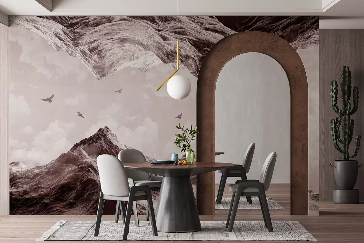 Murales de pared Paisaje de montaña, realismo, pájaros volando, naturaleza, nubes, colores marrones w02514v2 murales de pared Paisaje de montaña, realismo, pájaros volando, naturaleza, nubes, colores marrones w02514v2