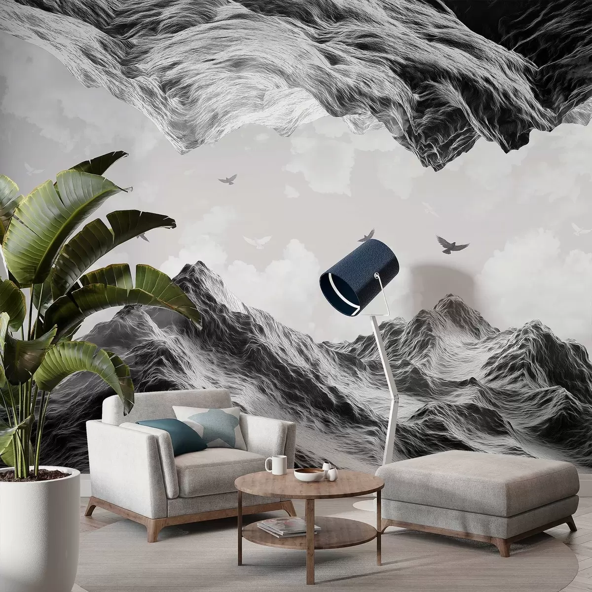 Murales de pared Paisaje de montaña, realismo, pájaros volando, naturaleza, nubes, colores blanco y negro w02514 murales de pared Paisaje de montaña, realismo, pájaros volando, naturaleza, nubes, colores blanco y negro w02514