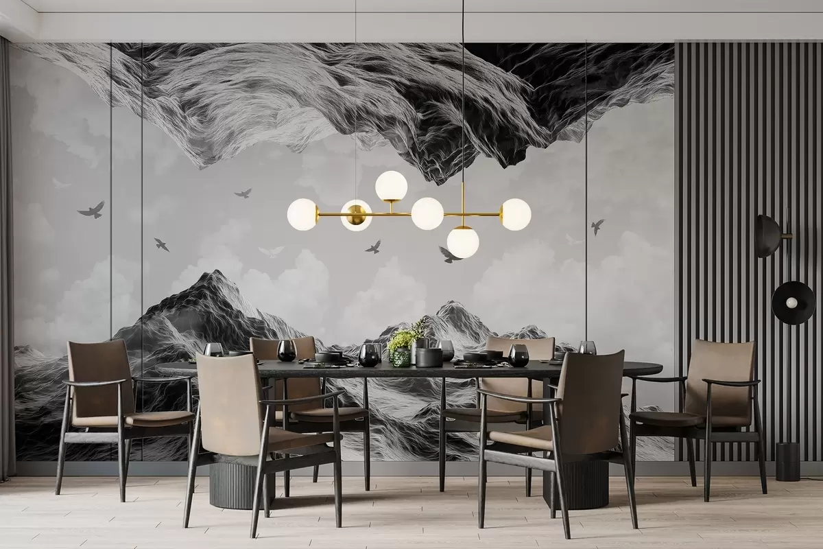 Murales de pared Paisaje de montaña, realismo, pájaros volando, naturaleza, nubes, colores blanco y negro w02514 murales de pared Paisaje de montaña, realismo, pájaros volando, naturaleza, nubes, colores blanco y negro w02514