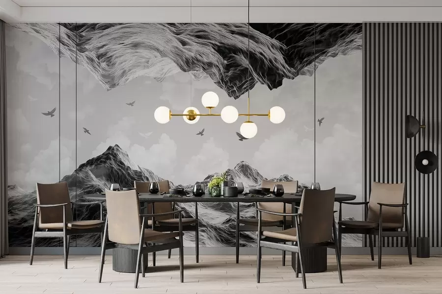 Murales de pared Paisaje de montaña, realismo, pájaros volando, naturaleza, nubes, colores blanco y negro w02514 murales de pared Paisaje de montaña, realismo, pájaros volando, naturaleza, nubes, colores blanco y negro w02514