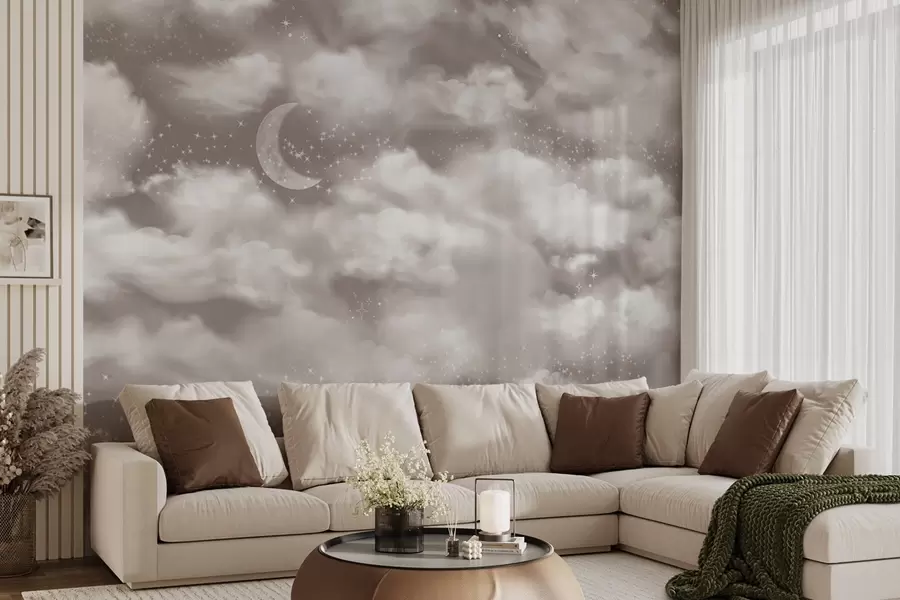 murales de pared Cielo estrellado con luna y nubes, soñador, etéreo, colores beige suaves w02515