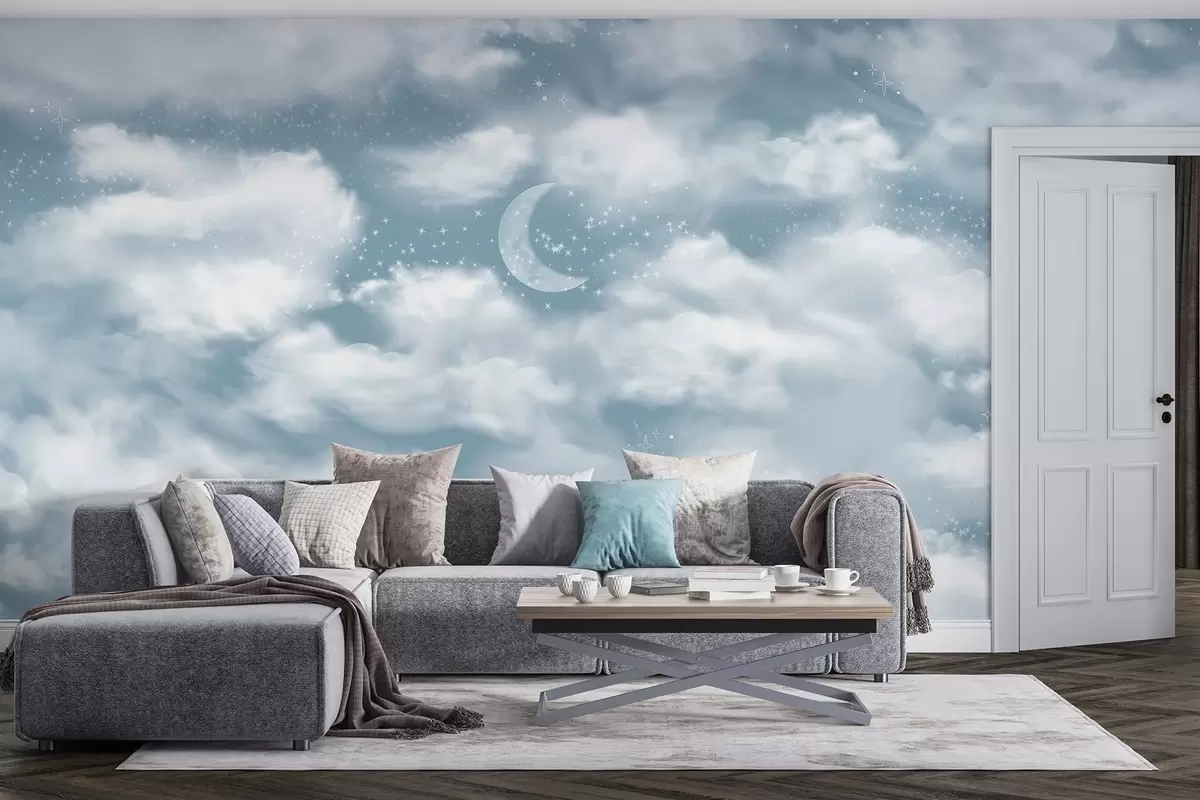 Murales de pared Cielo estrellado con luna y nubes, de ensueño, etéreo, colores azules suaves w02515v1 murales de pared Cielo estrellado con luna y nubes, de ensueño, etéreo, colores azules suaves w02515v1