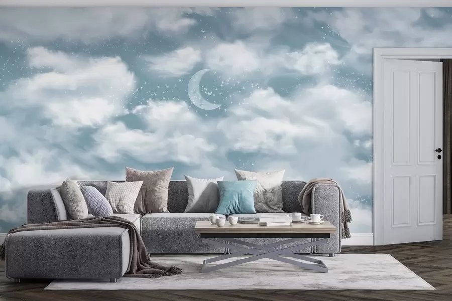 Murales de pared Cielo estrellado con luna y nubes, de ensueño, etéreo, colores azules suaves w02515v1 murales de pared Cielo estrellado con luna y nubes, de ensueño, etéreo, colores azules suaves w02515v1