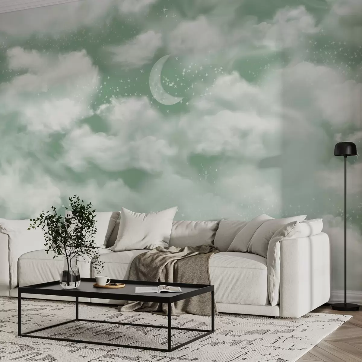 Murales de pared Cielo estrellado con luna y nubes, soñador, etéreo, colores verdes suaves w02515v2 murales de pared Cielo estrellado con luna y nubes, soñador, etéreo, colores verdes suaves w02515v2