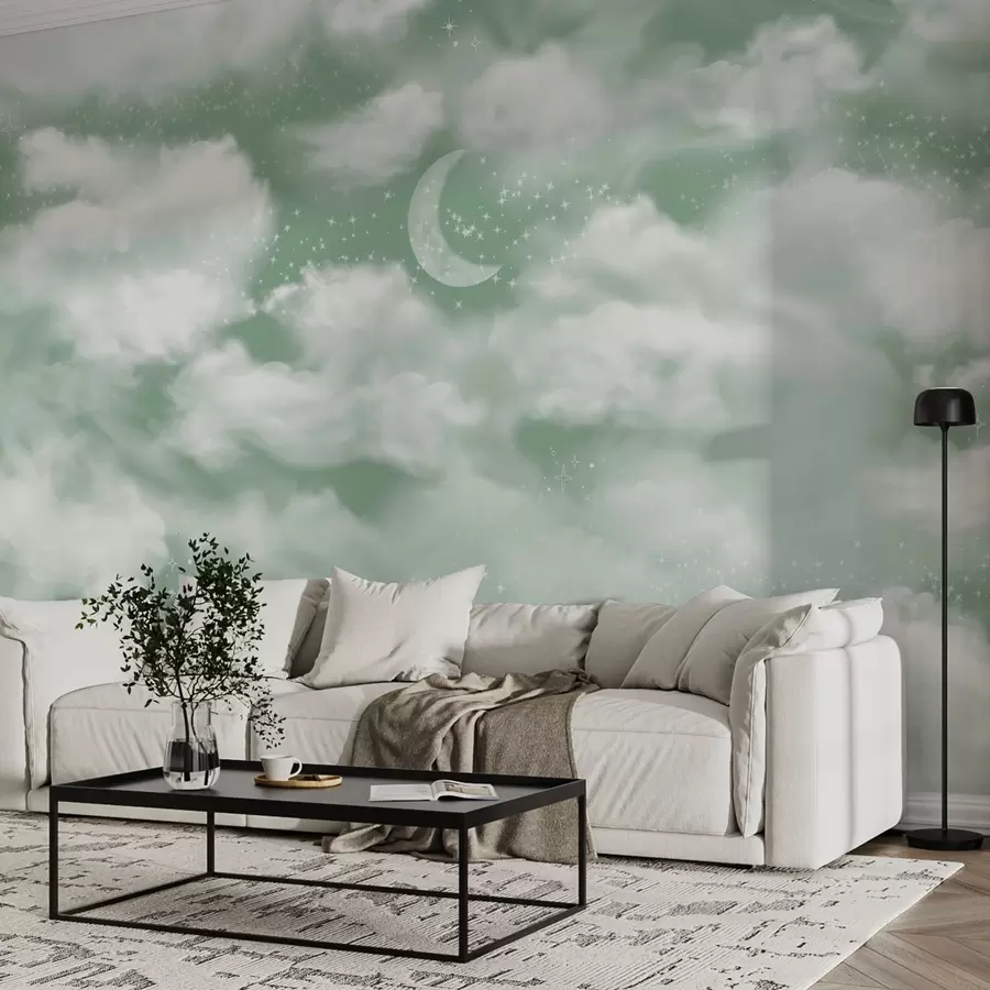 Murales de pared Cielo estrellado con luna y nubes, soñador, etéreo, colores verdes suaves w02515v2 murales de pared Cielo estrellado con luna y nubes, soñador, etéreo, colores verdes suaves w02515v2