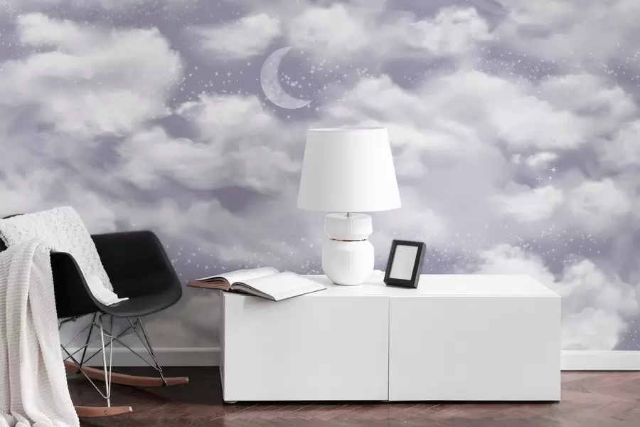 Murales de pared Cielo estrellado con luna y nubes, de ensueño, etéreo, suaves colores morados w02515v4 murales de pared Cielo estrellado con luna y nubes, de ensueño, etéreo, suaves colores morados w02515v4