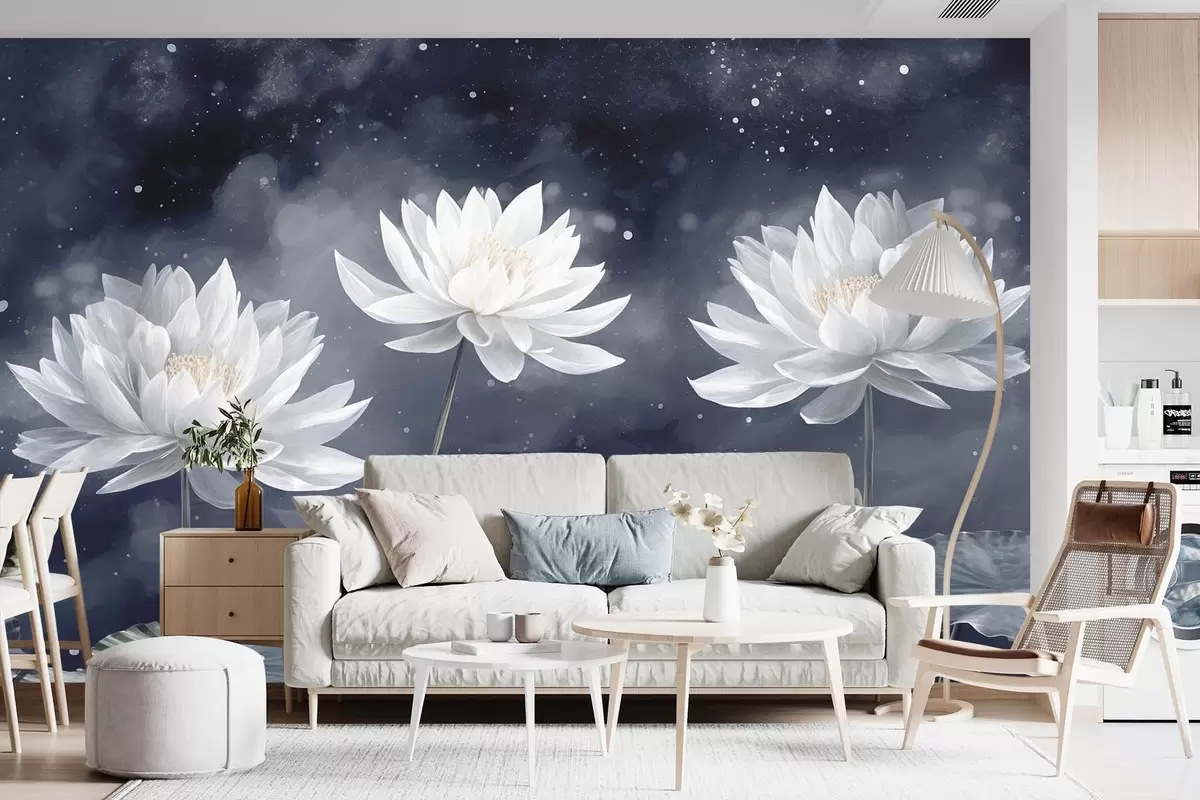 Murales de pared Tres flores de loto sobre fondo oscuro w08506 murales de pared Tres flores de loto sobre fondo oscuro w08506