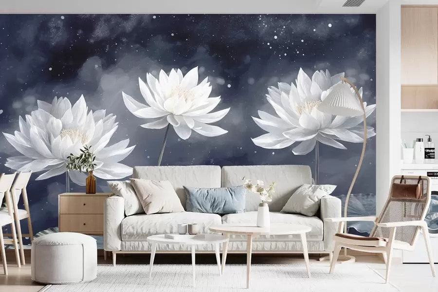 Murales de pared Tres flores de loto sobre fondo oscuro w08506 murales de pared Tres flores de loto sobre fondo oscuro w08506