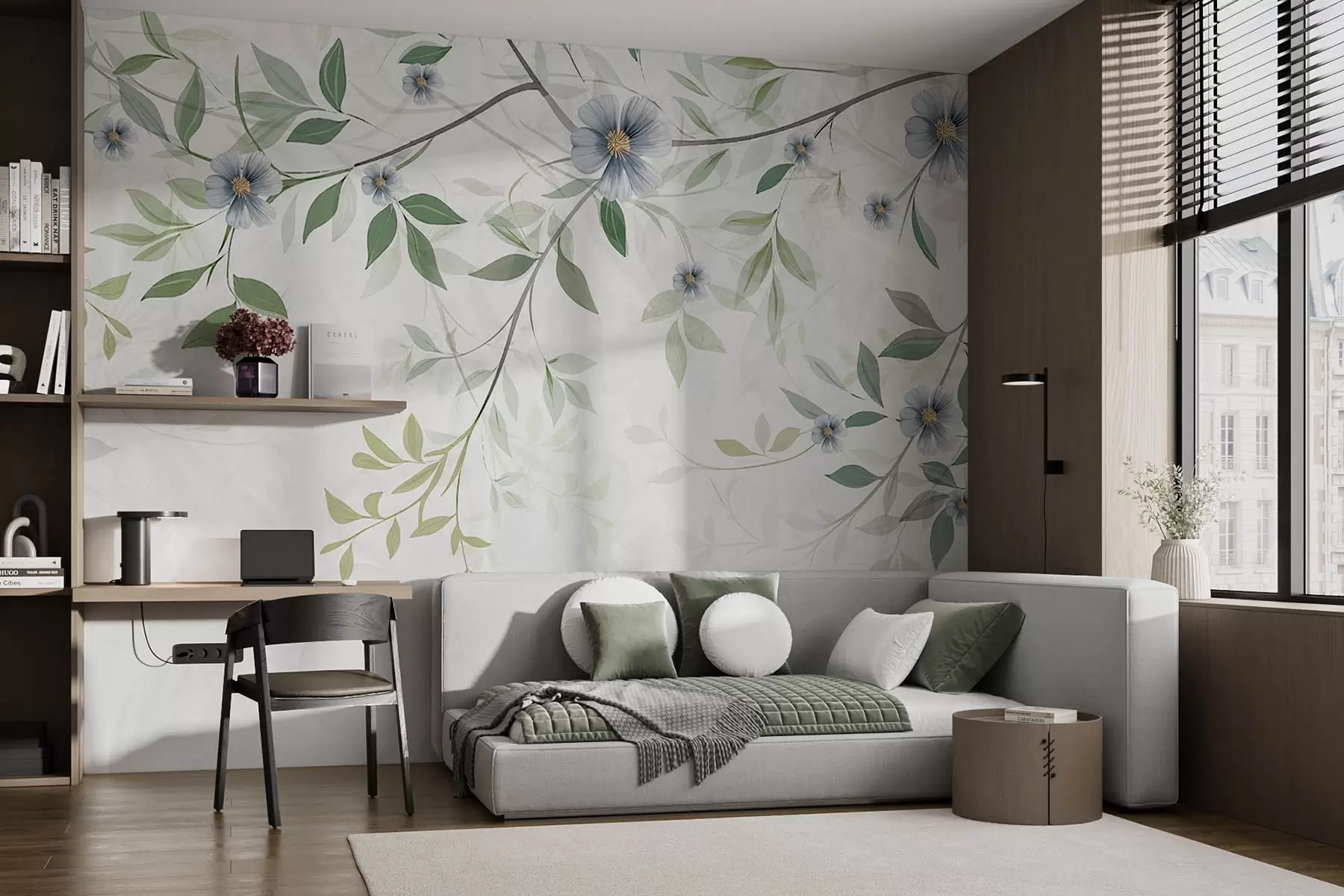 murales de pared Ramas con hojas verdes y flores azules w00316