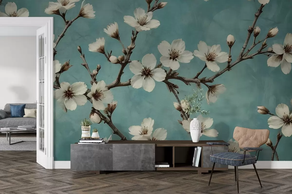 Murales de pared Ramas en flor sobre fondo de hormigón w02610 murales de pared Ramas en flor sobre fondo de hormigón w02610