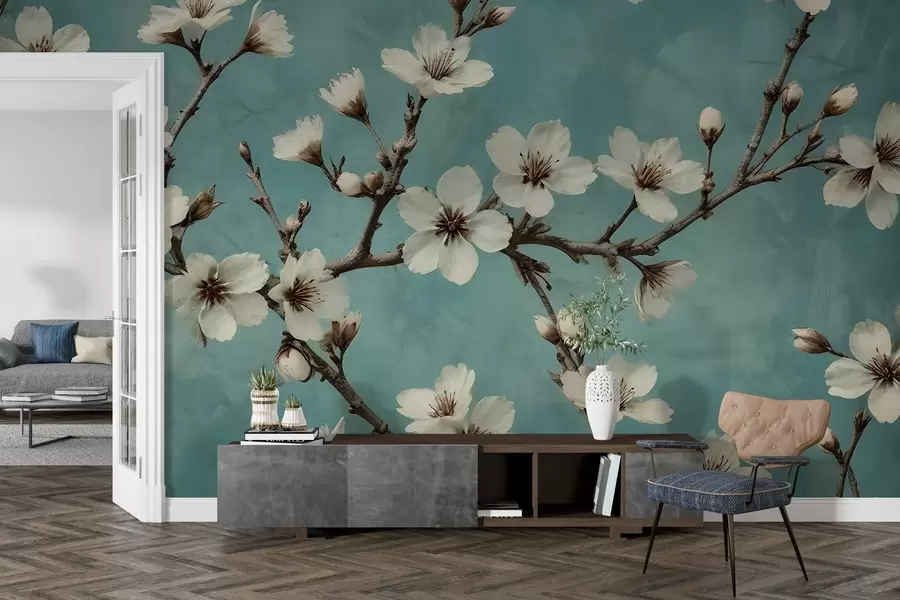 Murales de pared Ramas en flor sobre fondo de hormigón w02610 murales de pared Ramas en flor sobre fondo de hormigón w02610