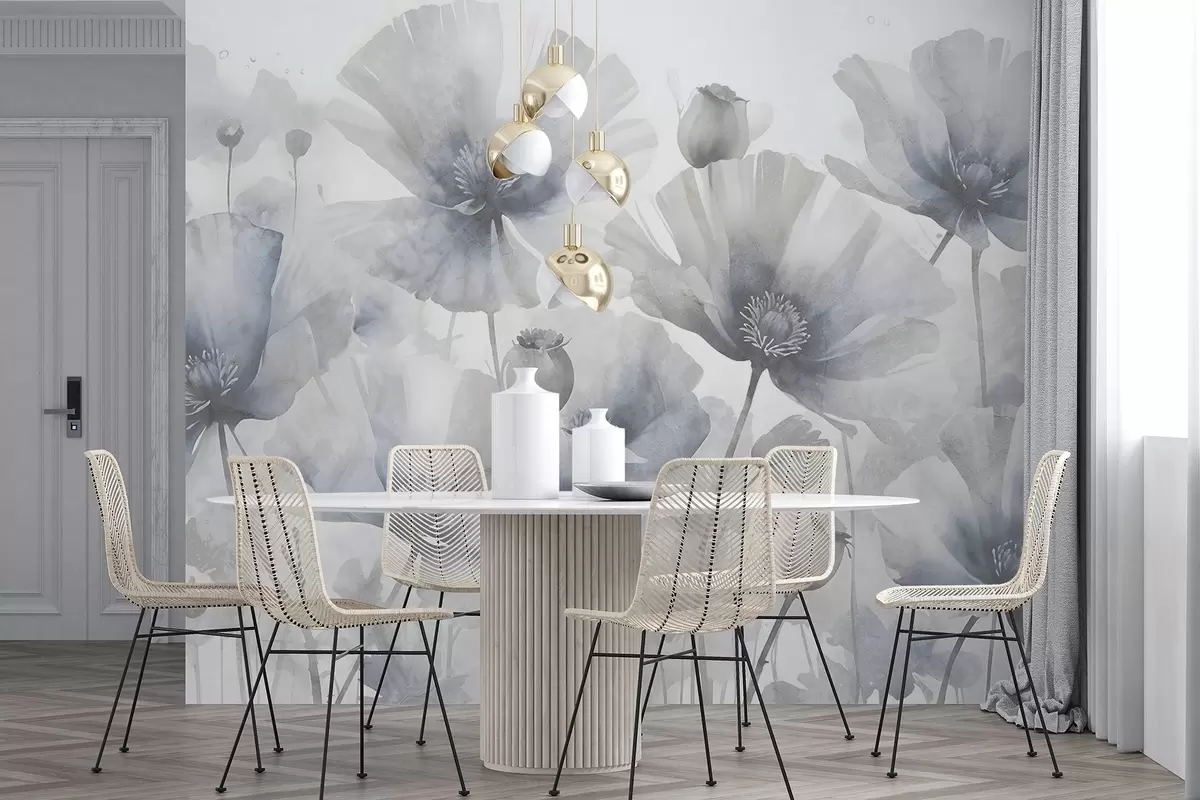 Murales de pared Delicadas flores grunge grises y blancas con pétalos suaves y difuminados sobre fondo blanco w08526 murales de pared Delicadas flores grunge grises y blancas con pétalos suaves y difuminados sobre fondo blanco w08526